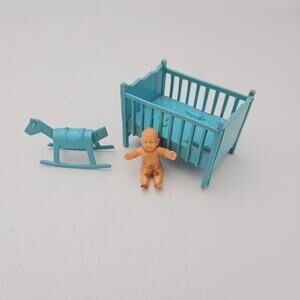 Vintage MARX 3 Piece Dollhouse Furniture - Blue - Baby Crib, Rocking Horse, Baby
